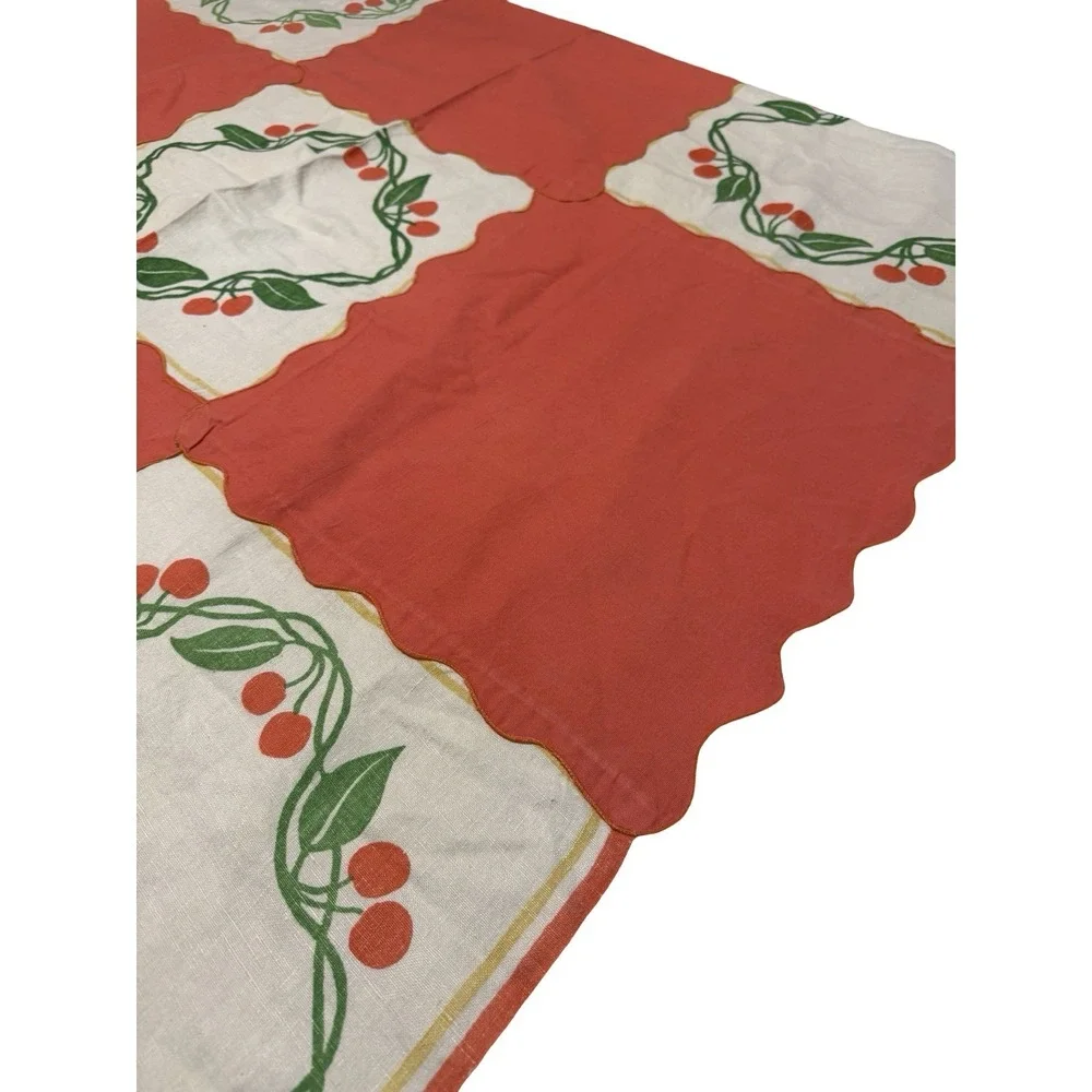 Vintage Handmade Handkerchief Patchwork Tablecloth 44x44 Cherry Scalloped